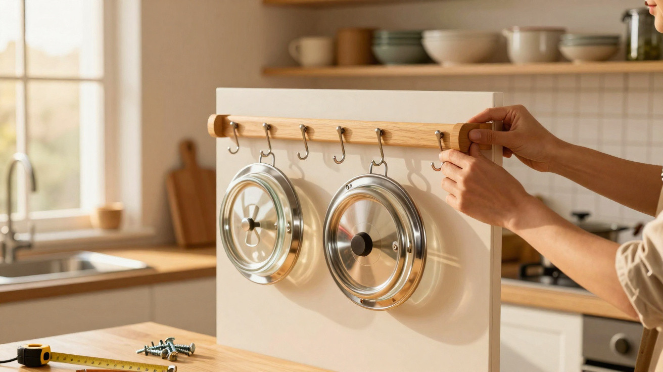 Hands attaching a wooden rack with metal pot lids hanging in a bright modern kitchen.