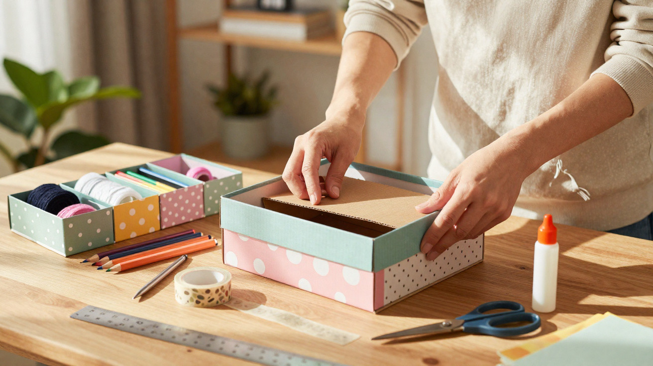 Person assembling a colourful cardboard box on a wooden table with craft supplies and scissors nearby.