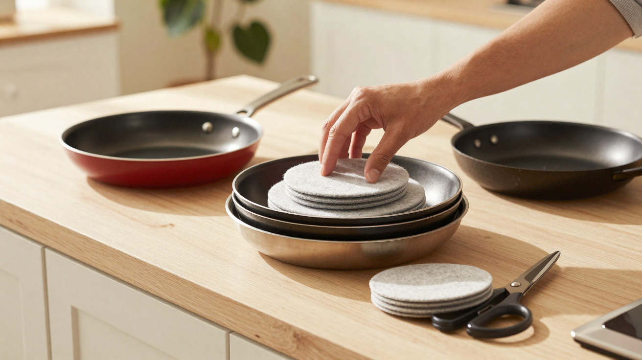 Hand placing round felt pan protectors in a stack of frying pans on a wooden kitchen countertop next to scissors.