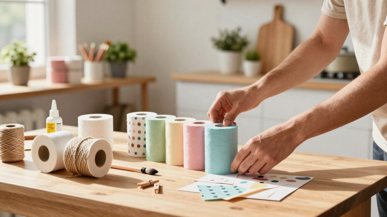 Person arranging pastel-coloured decorated paper rolls on a wooden table with crafting supplies in a bright kitchen.