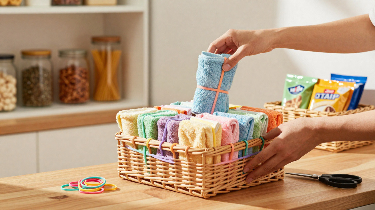 Hands placing a rolled blue towel into a wicker basket filled with colourful rolled towels on a wooden table.
