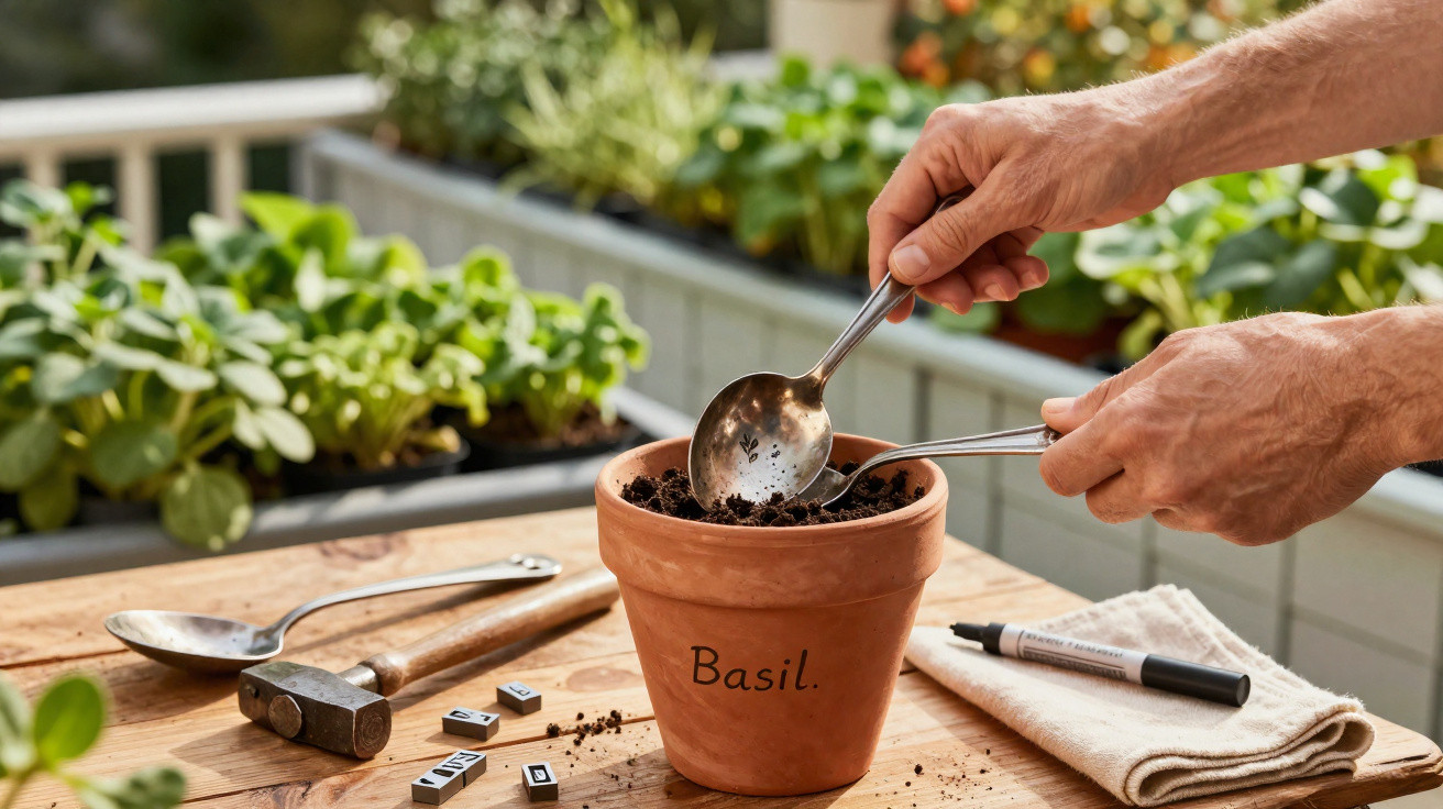 Hands using spoons to fill a terracotta pot labelled "Basil" with soil on a wooden table with gardening tools.