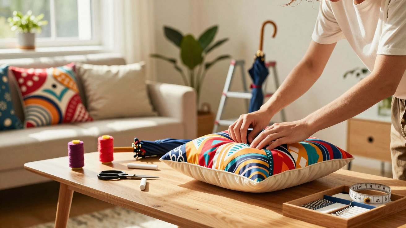 Person sewing a colourful patterned cushion on a wooden table with sewing tools nearby in a bright living room.