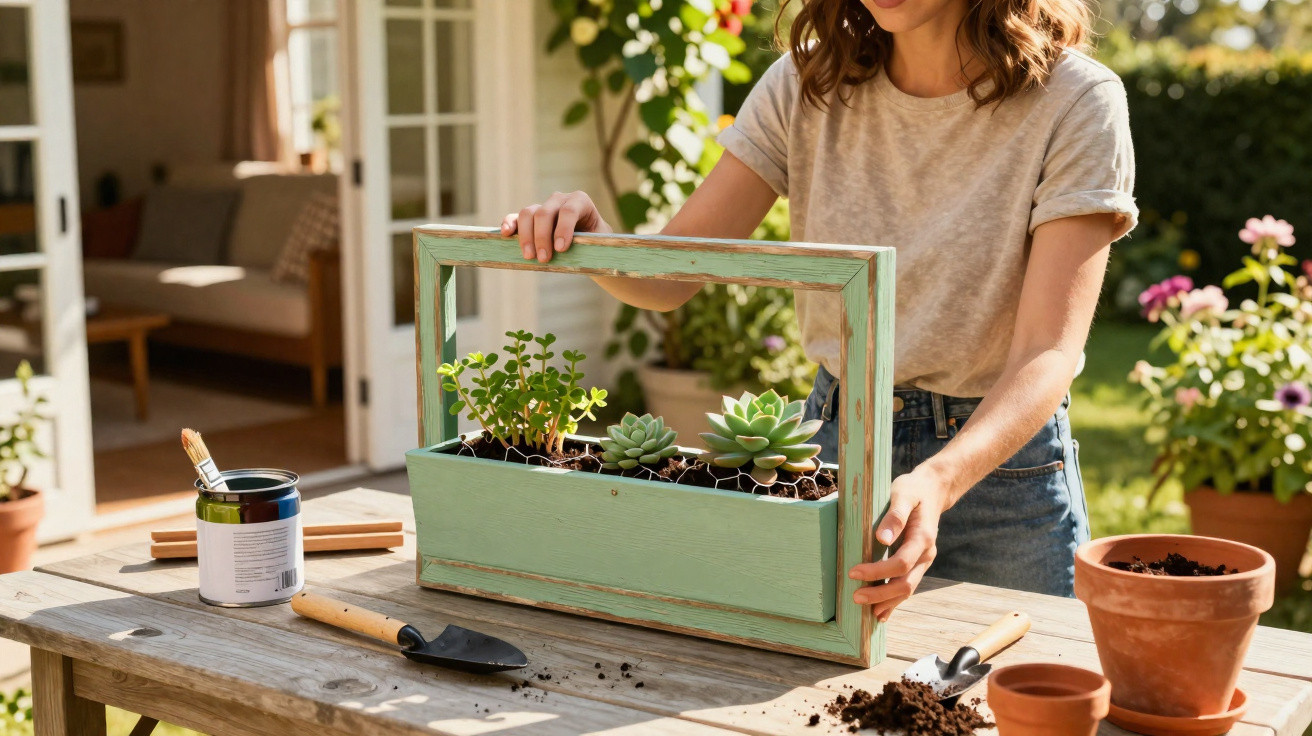 Woman holding a wooden planter frame with succulents on an outdoor table with gardening tools and pots.