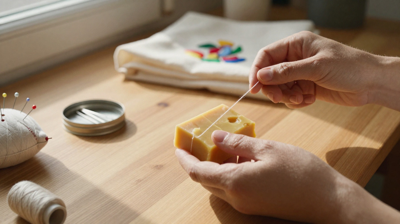 Hands holding cheese and threading a needle with a wooden table and sewing supplies in the background.