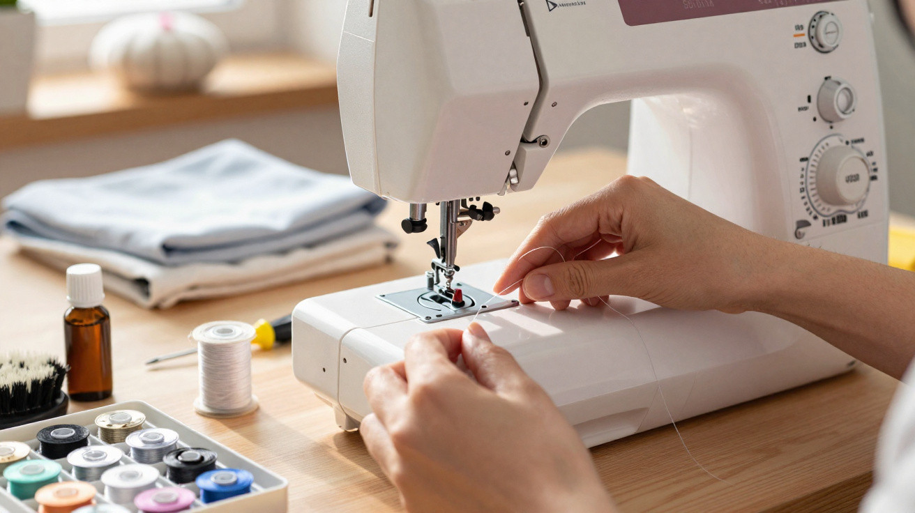 Hands threading a white sewing machine with sewing supplies and folded fabric on a wooden table.