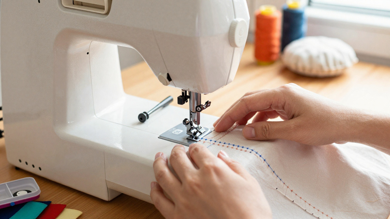 Hands guiding fabric with coloured stitches through a white sewing machine on a wooden table.