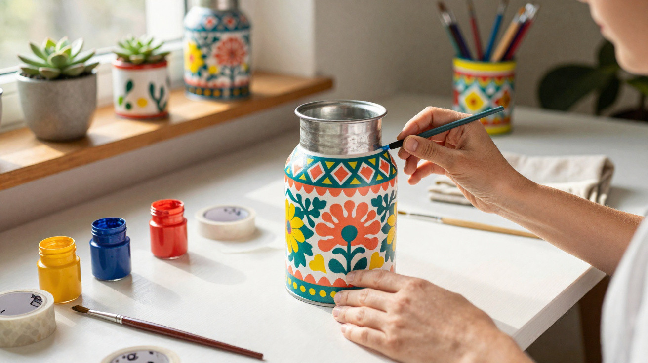 Person painting colourful floral patterns on a metal container at a bright craft workspace.