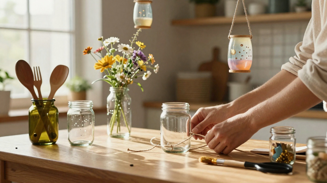 Person tying string around a glass jar on a wooden table with flowers and kitchen utensils nearby.