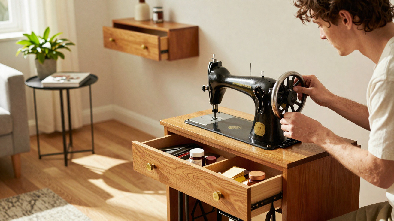Person adjusting a vintage sewing machine on a wooden cabinet in a bright, cosy room.