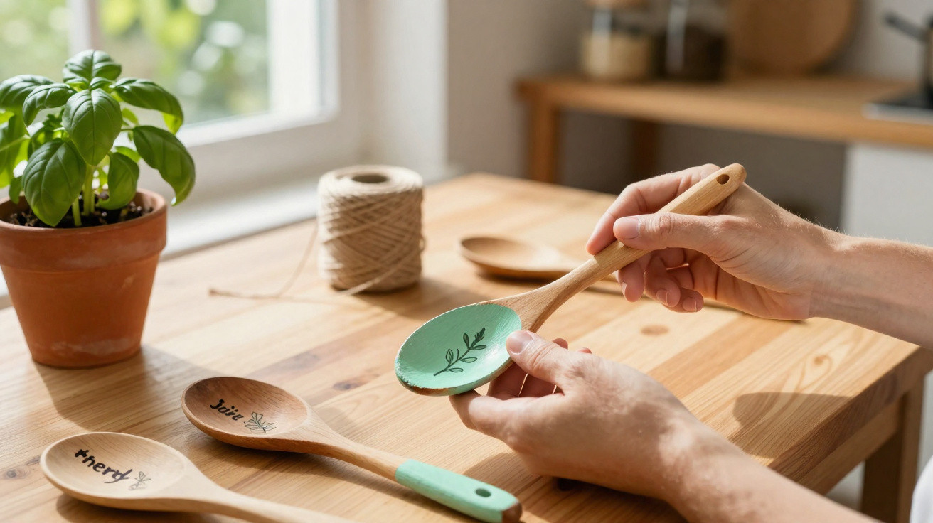 Person painting a wooden spoon mint green with a leaf design on a sunlit table with other spoons and a potted basil plant.