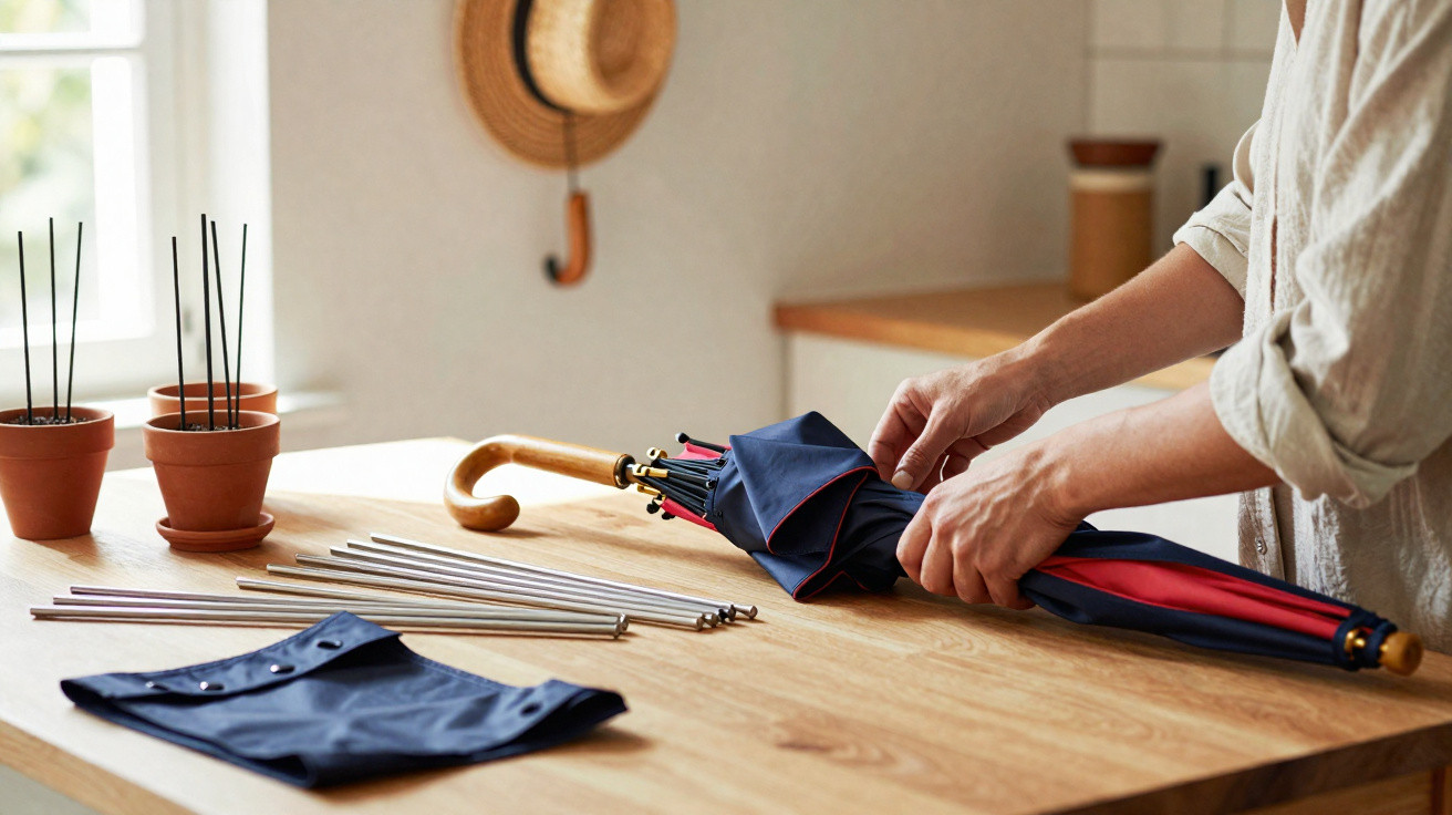 Person folding a navy blue umbrella with a wooden curved handle on a wooden table indoors.