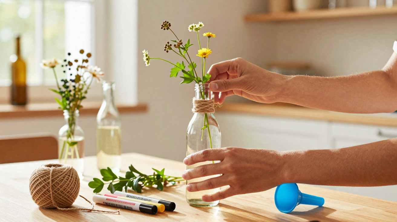 Hands arranging wildflowers in a glass jar wrapped with twine on a wooden table with craft supplies.