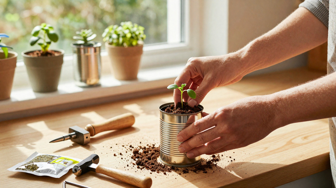 Hands planting a small seedling in a tin can on a wooden surface with gardening tools and pots nearby.