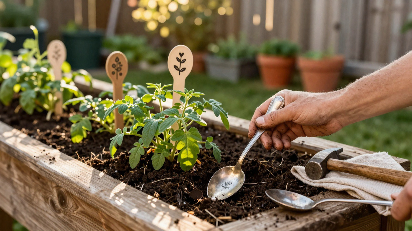 A person gardening in a raised wooden planter with plant markers and gardening tools in sunlight.