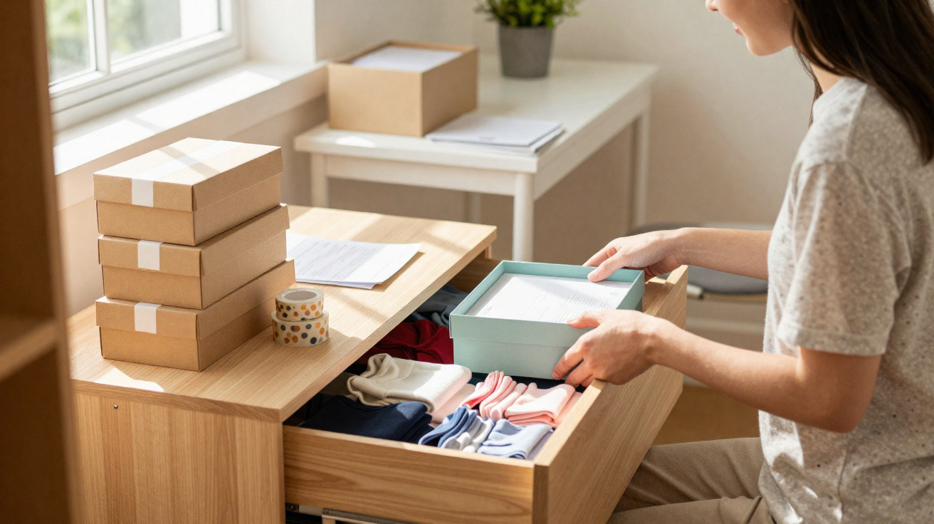 Person organising colourful clothes in drawer with stacked cardboard boxes and packing tape on table nearby
