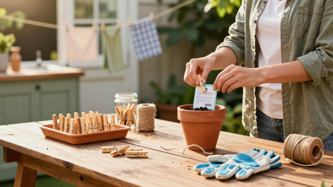 Person planting seeds in a terracotta pot on a wooden table with gardening gloves and clothespins nearby.