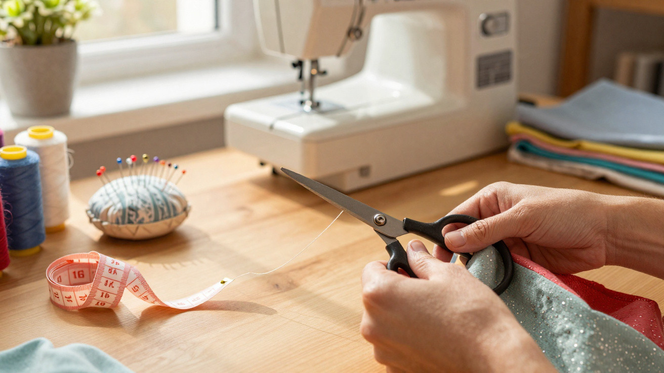 Hands holding scissors cutting thread with sewing machine, measuring tape, and pins on wooden table.