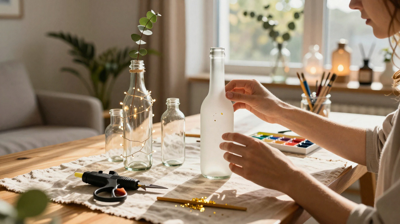 Person crafting decorative glass bottle with eucalyptus, fairy lights, and art supplies on wooden table.