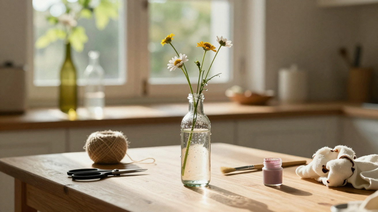 Small wildflowers in a glass bottle on a wooden table with scissors, twine, paintbrush, and cotton bolls.