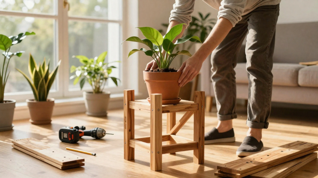 Person placing a potted plant on a wooden plant stand in a sunlit living room with tools and wood pieces nearby.