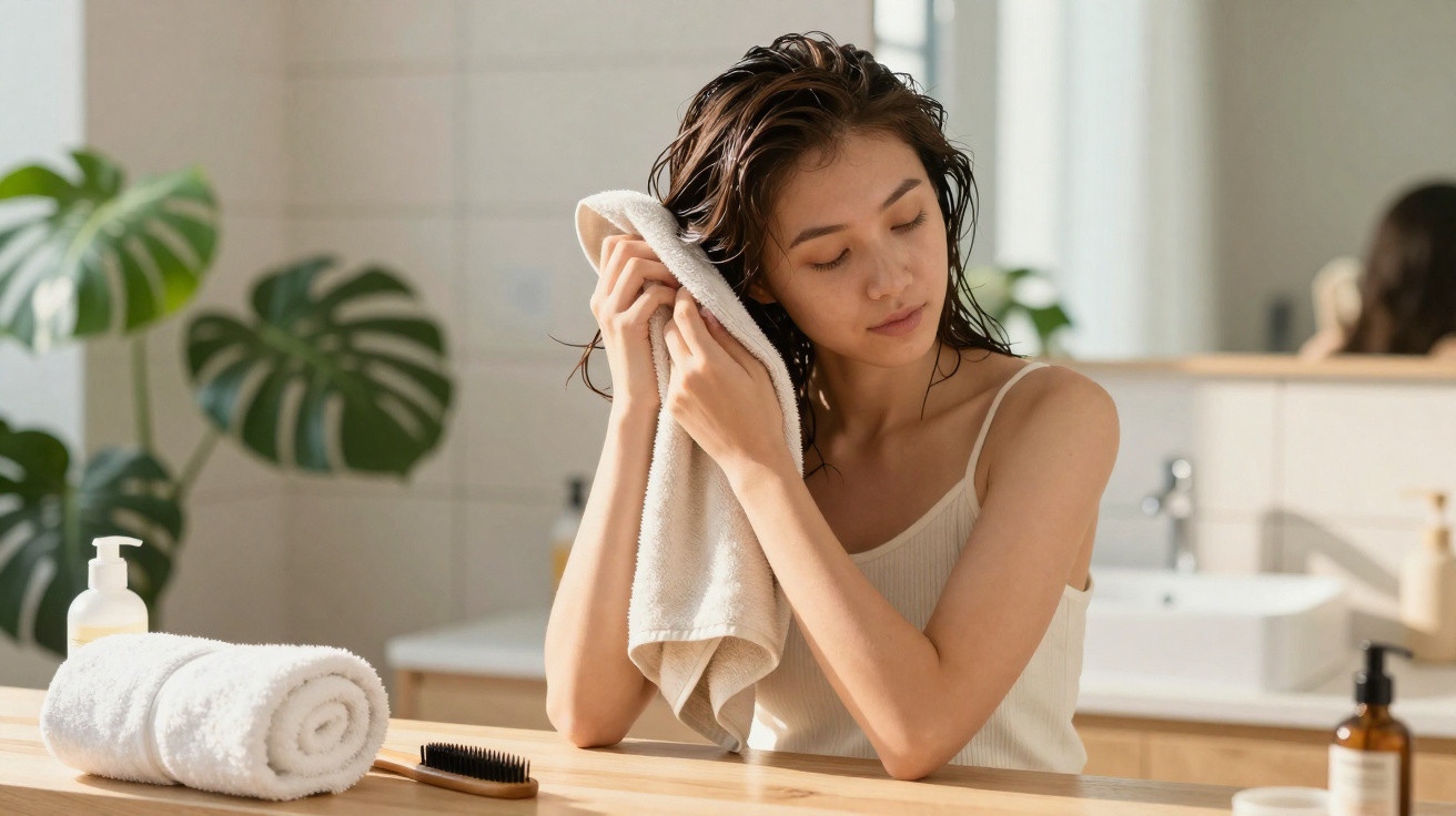 Woman with wet hair drying it with a towel in a bright, modern bathroom with plants and toiletries visible.