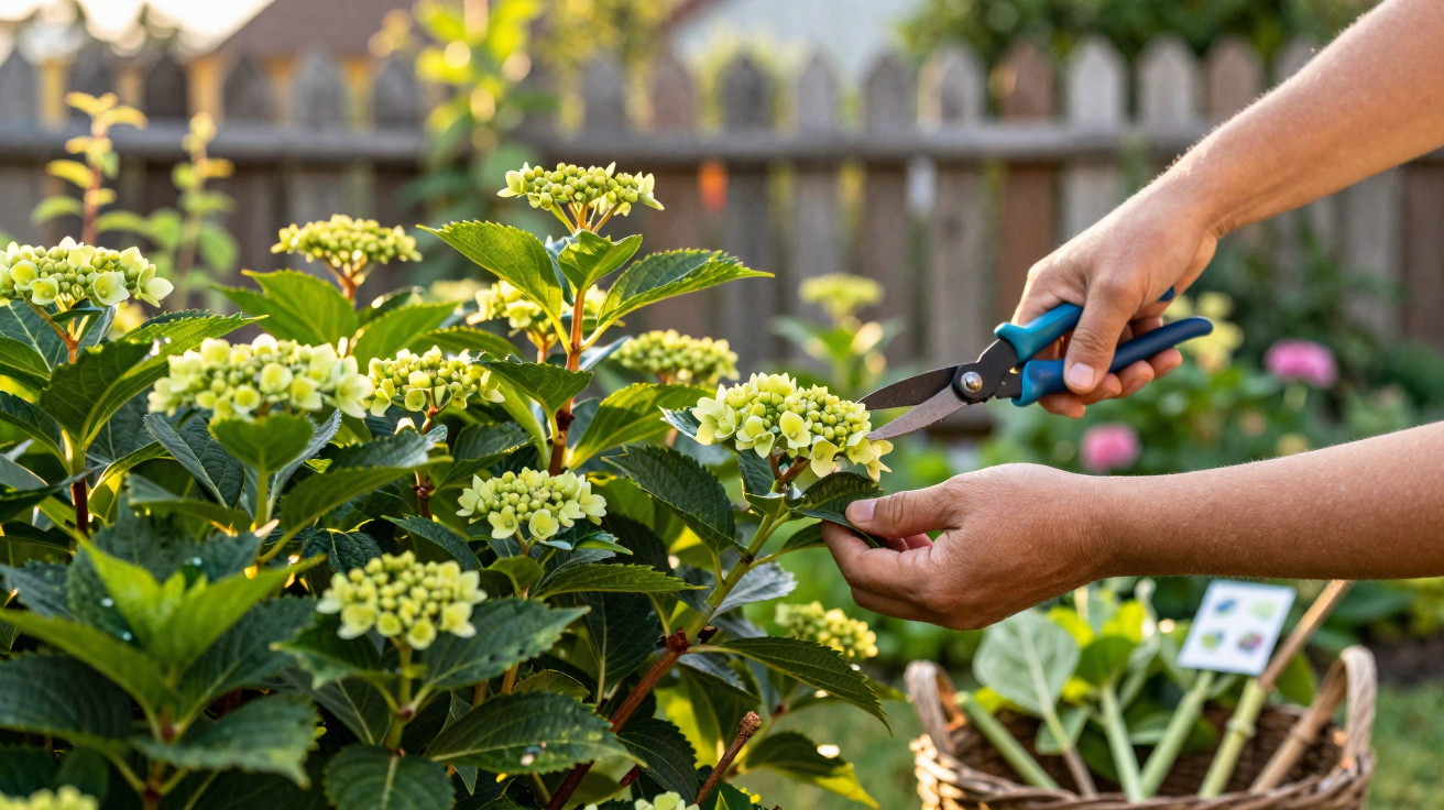 Hands pruning pale yellow hydrangea flowers with garden shears in a sunny backyard garden.