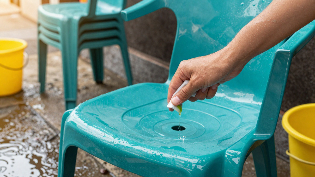 Hand squeezing lime with juice dripping onto a wet teal plastic chair beside yellow buckets outdoors.