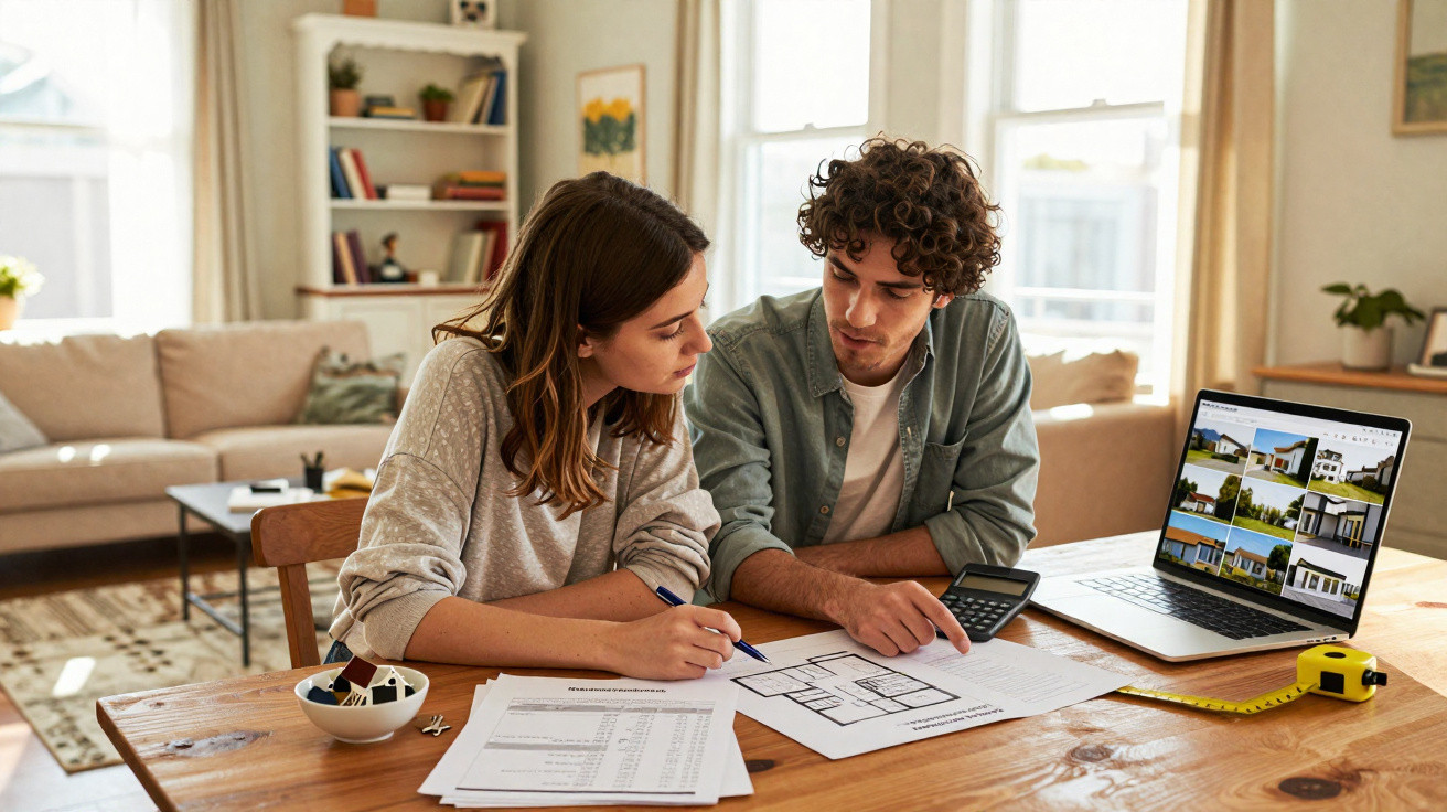 Couple reviewing house plans and property listings on laptop at a wooden table in a bright living room.
