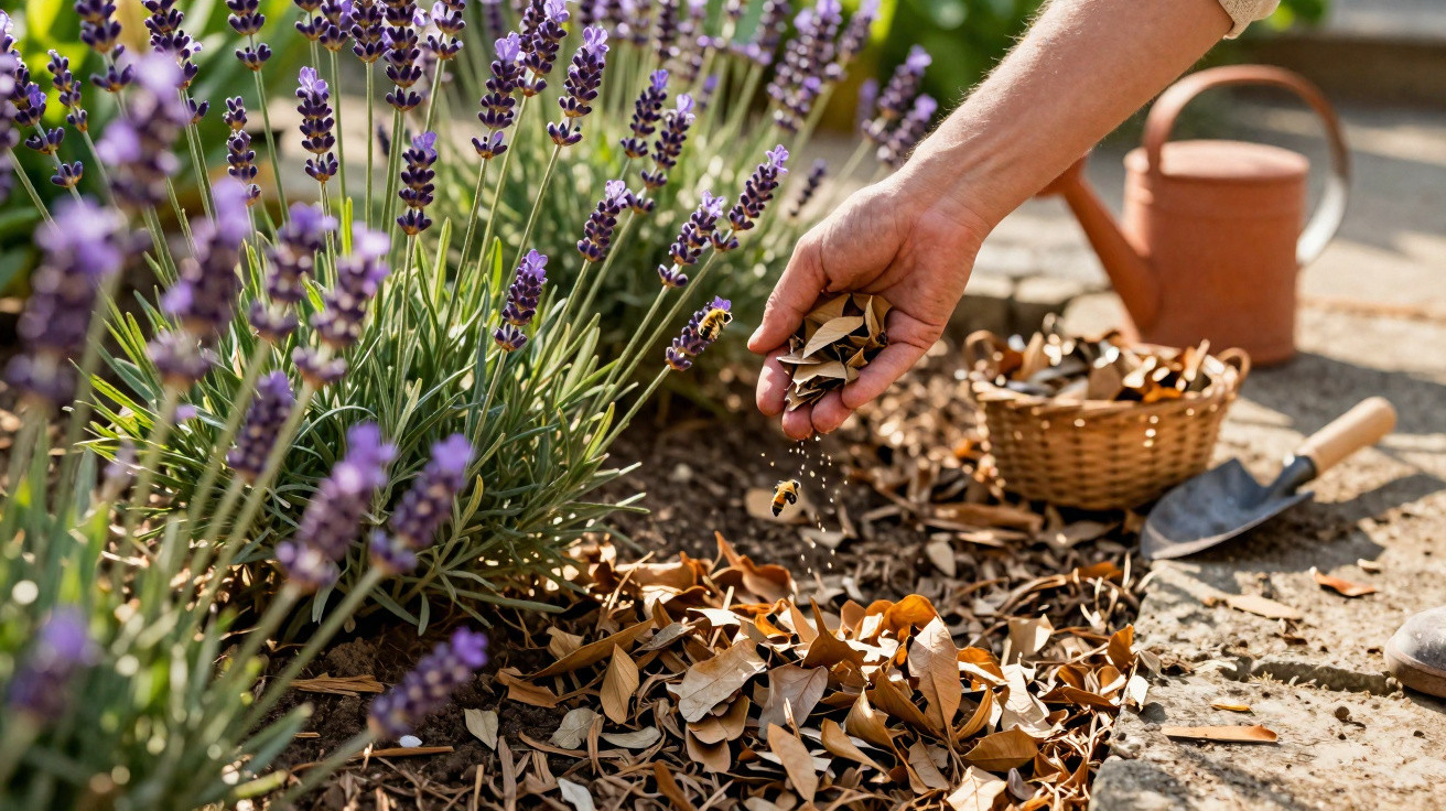 Hand sprinkling dried leaves as mulch around purple lavender plants in a sunny garden bed.