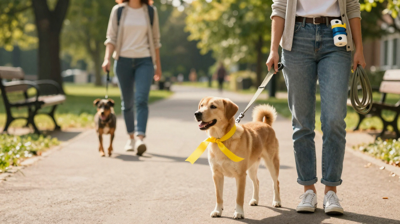 Two people walking dogs on a sunny park path lined with benches and trees.