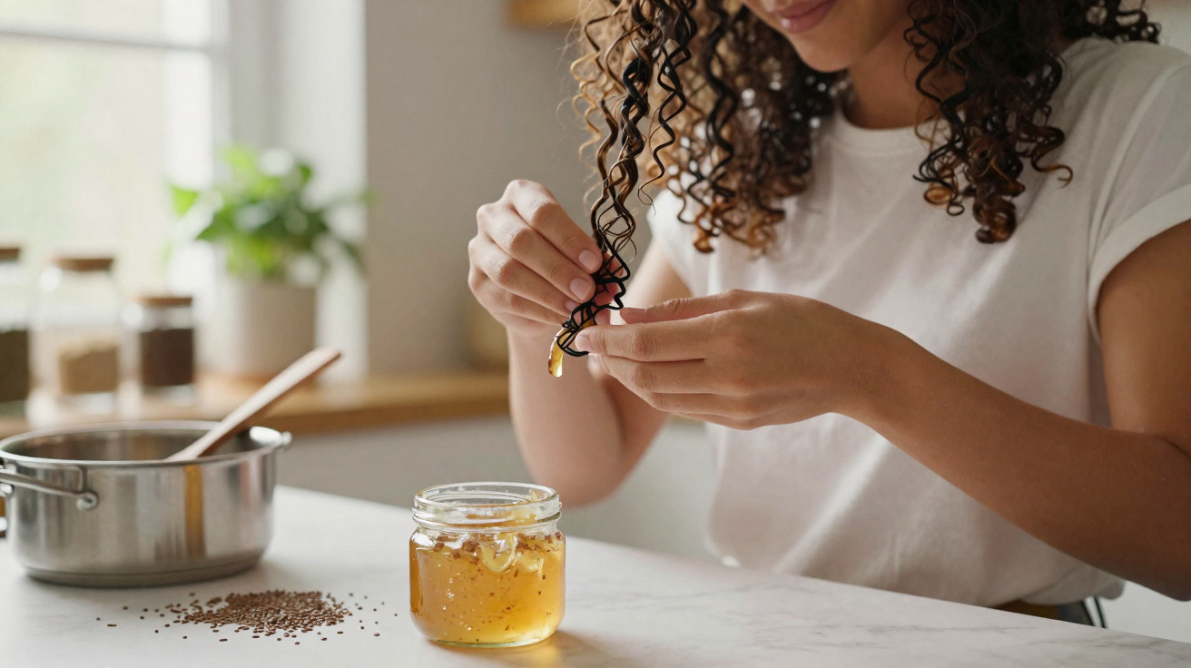 Woman applying honey from a jar to the end of her curly hair in a kitchen setting.