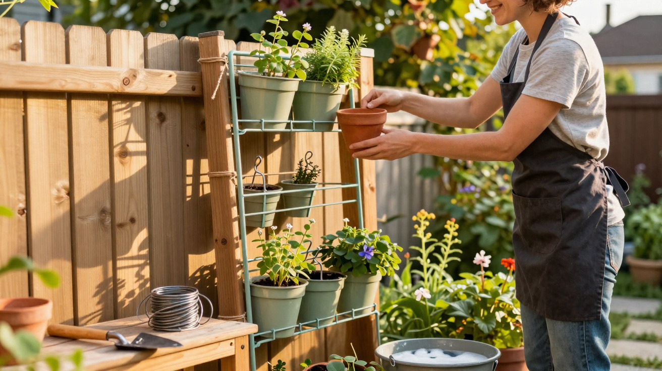 Woman in apron gardening with potted plants on a wooden rack in a sunny backyard garden.
