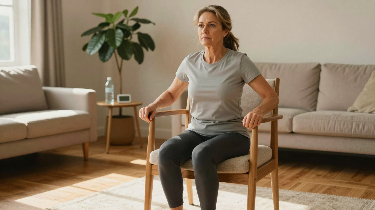 Middle-aged woman exercising on a chair in a sunlit living room with neutral decor and plants.