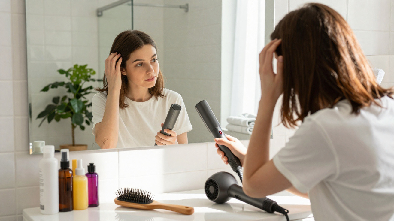 Woman with brown hair using a hair straightener in front of a bathroom mirror with hair products nearby.