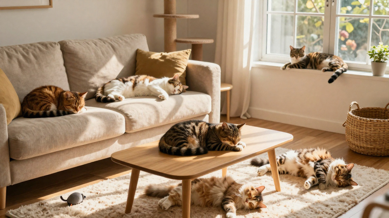 Five tabby cats relaxing on a beige sofa, wooden coffee table, window ledge, and fluffy rug in a sunlit living room.