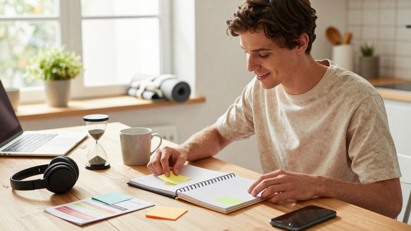 Young man organising sticky notes in a notebook at a wooden table with a laptop and headphones nearby.