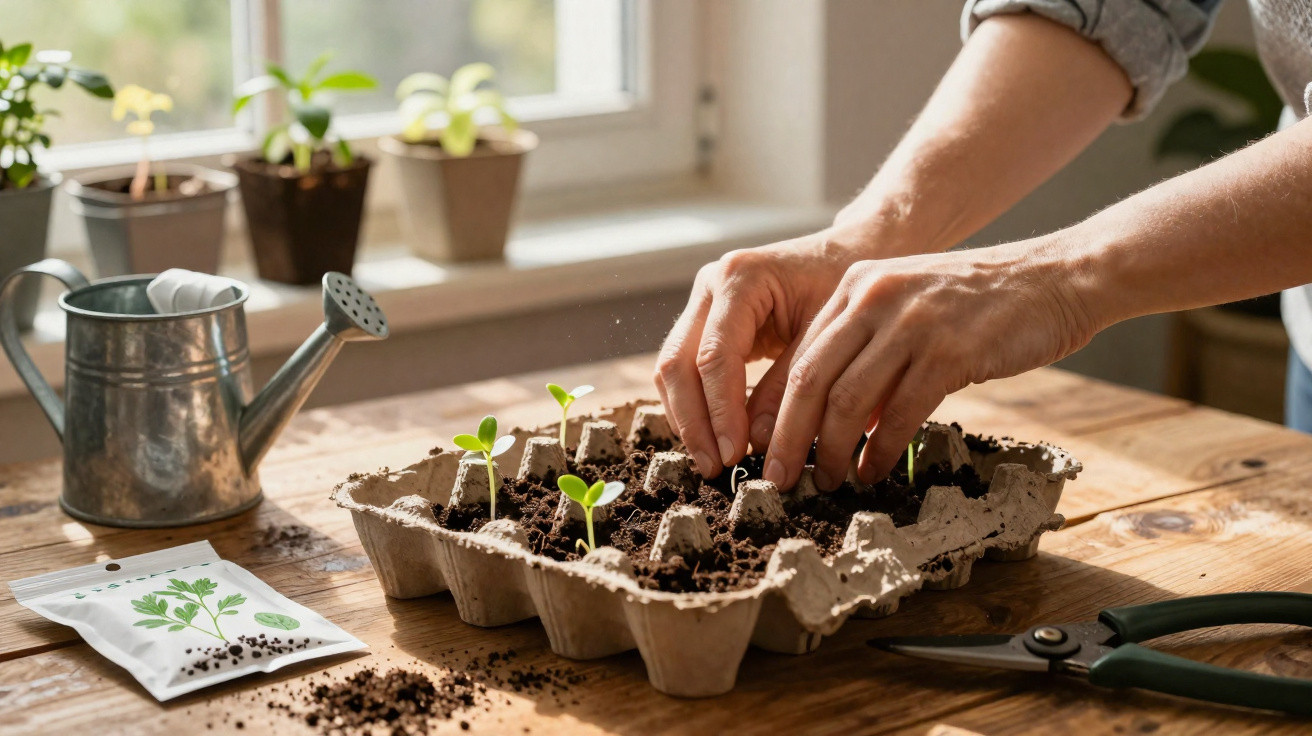 Hands planting seedlings in a recycled egg carton with gardening tools and watering can on wooden table.