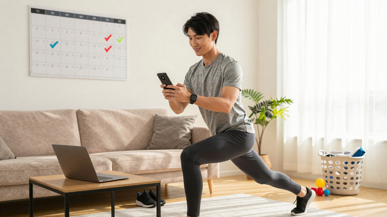 Man in sportswear doing lunges while holding a phone in a bright living room with a laptop and calendar.