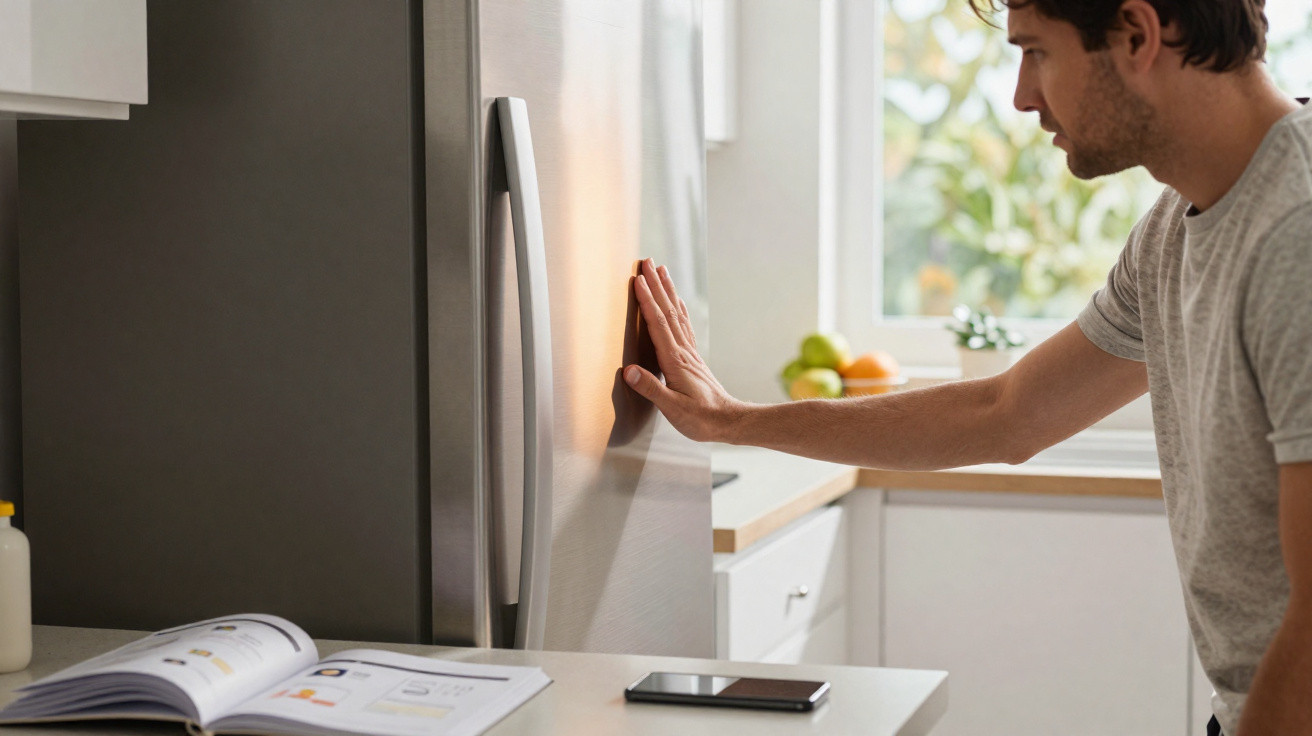 Man touching stainless steel fridge door in kitchen with smartphone and open book on counter nearby