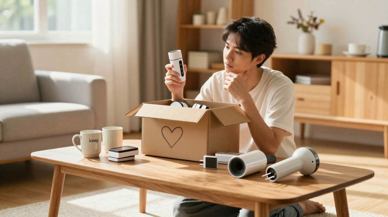 Young man unpacking a box with a heart drawing, examining an electronic device at a wooden table in a bright living room.