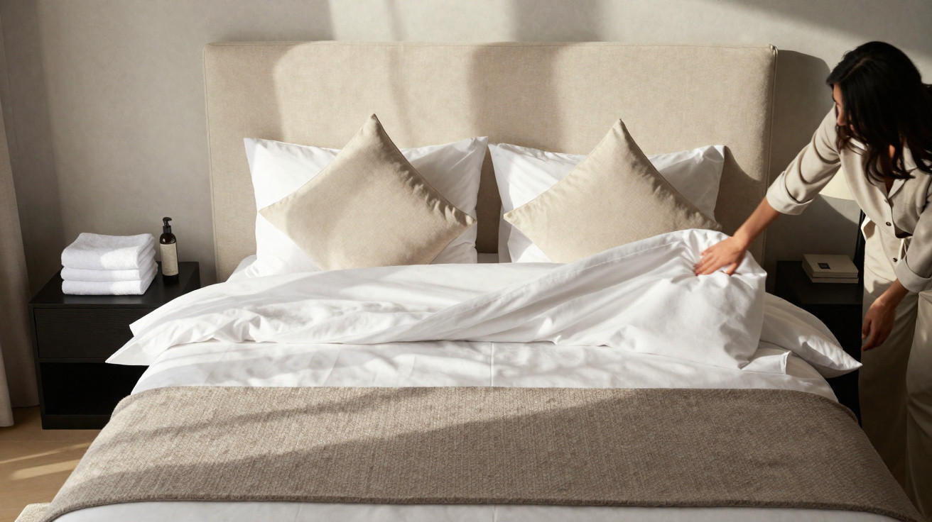 Person making a neatly arranged bed with beige cushions, white sheets, and a beige throw in a modern bedroom.