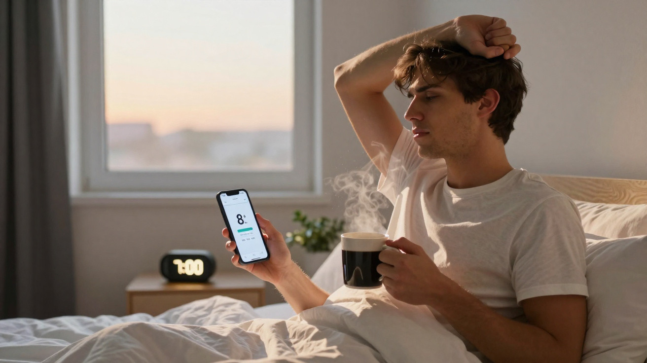 Young man in bed holding a smartphone and a steaming cup of coffee with an alarm clock showing 7:00 in the background.