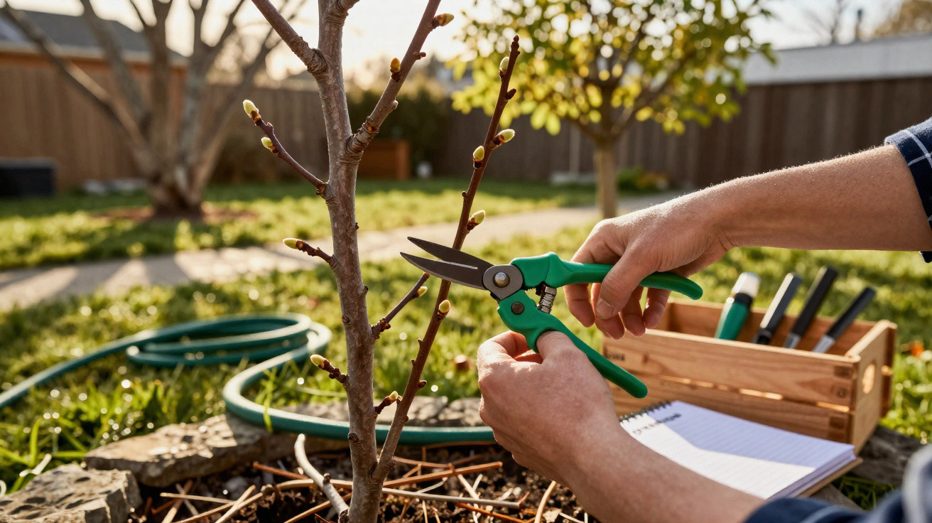 Person pruning young tree branches with green-handled shears in a sunny garden with tools and notebook nearby.