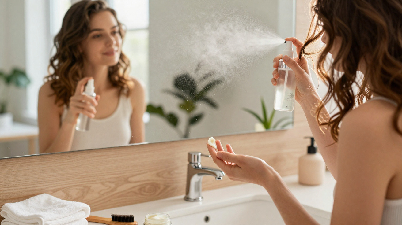 Woman spraying mist on her face in front of a bathroom mirror with toiletries on the counter.