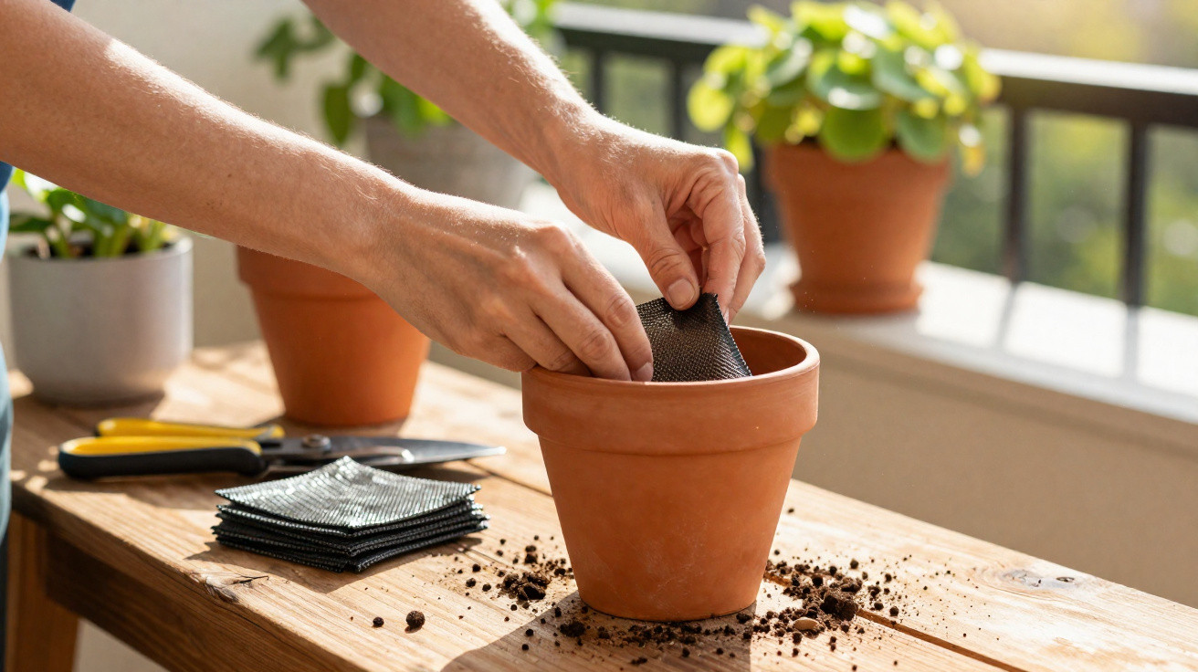 Hands placing a biodegradable seed pod into a terracotta pot on a wooden table with gardening tools nearby.