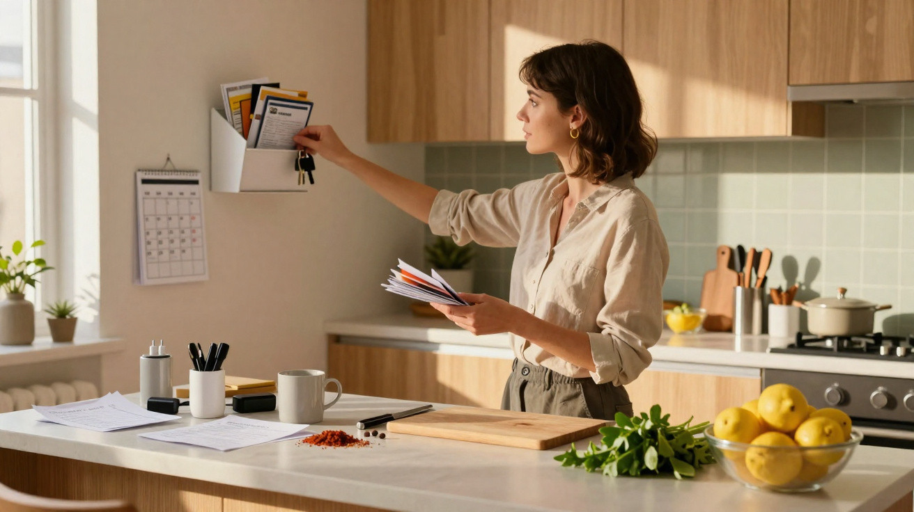 Woman organising mail in a wall-mounted holder in a bright kitchen with plants and fresh lemons on the counter.