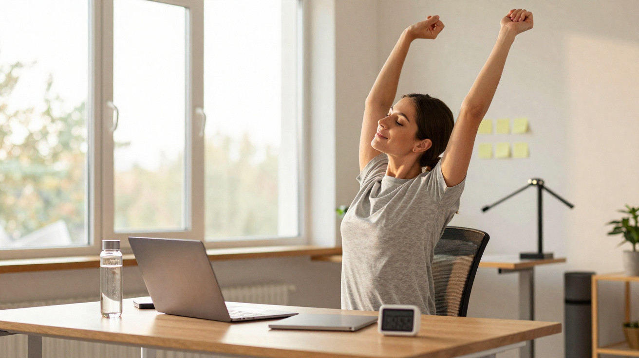 Woman stretching arms while seated at desk with laptop and water bottle in bright home office.