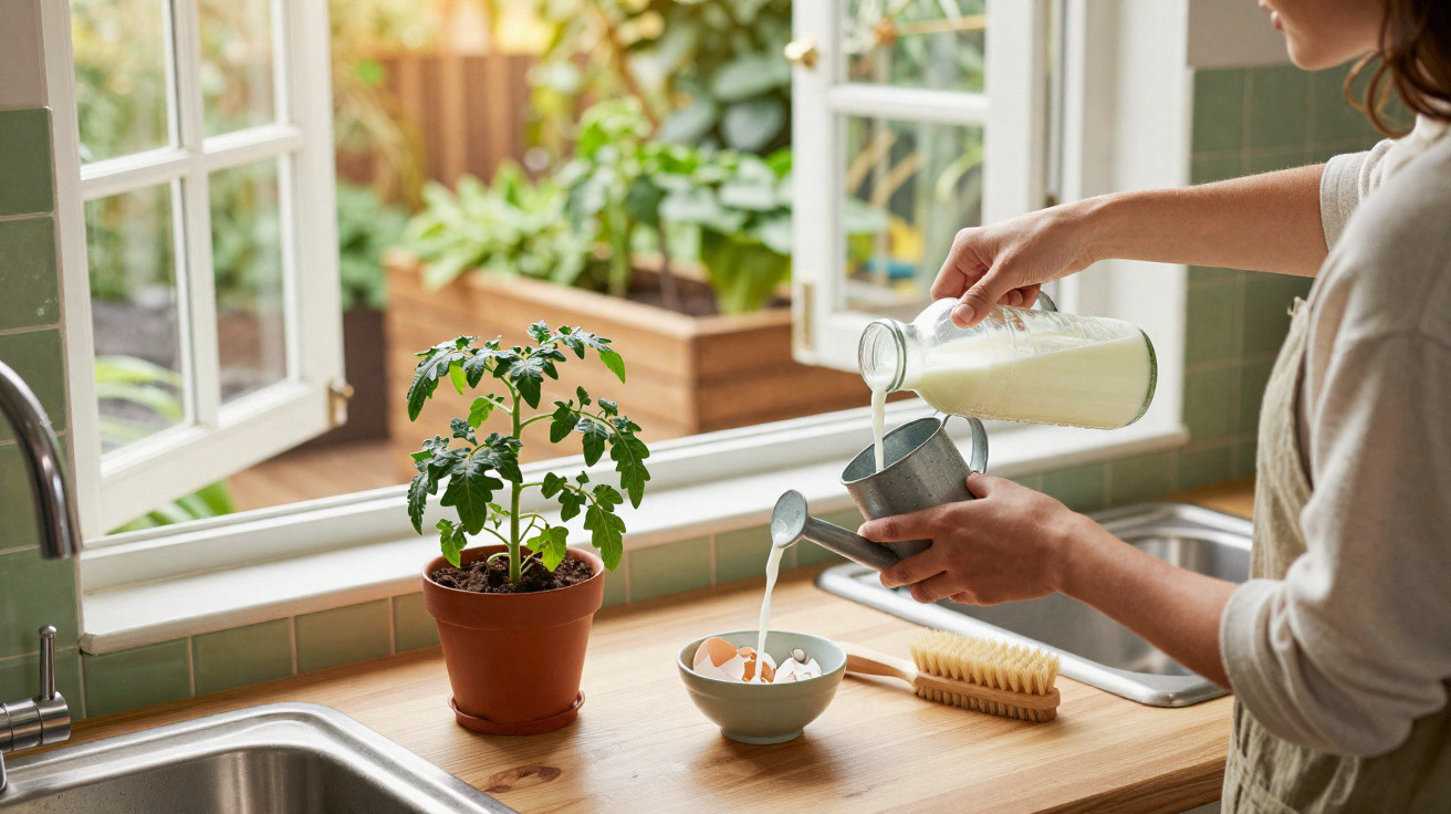 Person pouring milk from a bottle into a metal cup over a kitchen counter with a potted plant and bowl of cereal.
