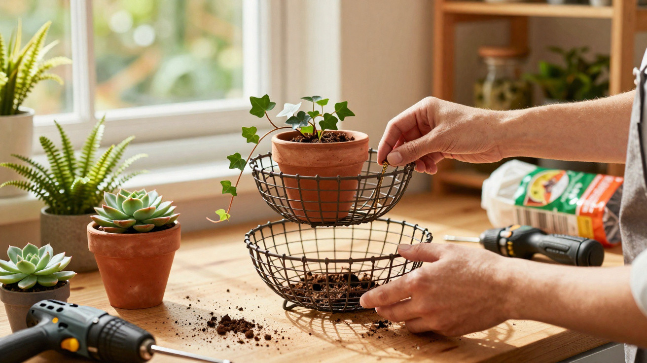 Person placing a potted ivy plant into a wire basket on a wooden table with succulents nearby.